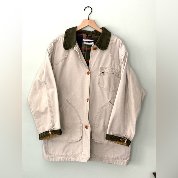Vintage L.L. Bean Chore Jacket Men’s Large Tan Canvas Plaid Lined Relaxed Flawed - Picture 2 of 16
